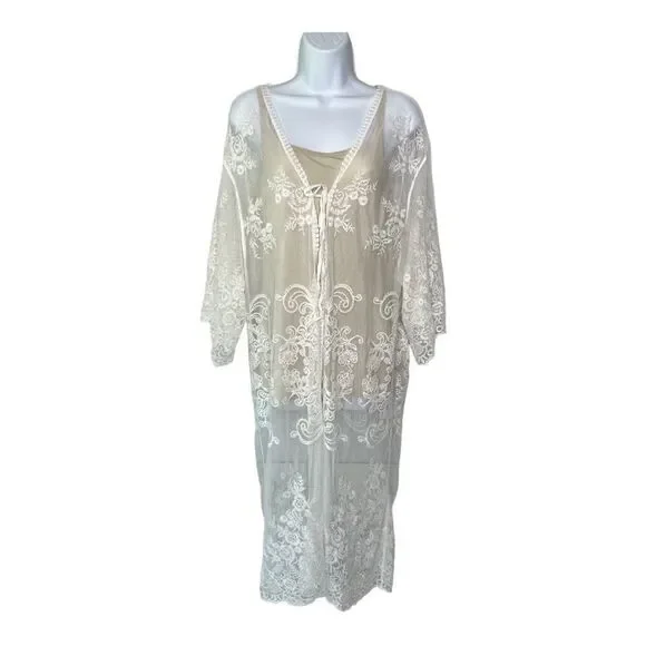 Downtown Threads Lace Elbow Length Tie Front Kimono Swim Coverup - Picture 4 of 11